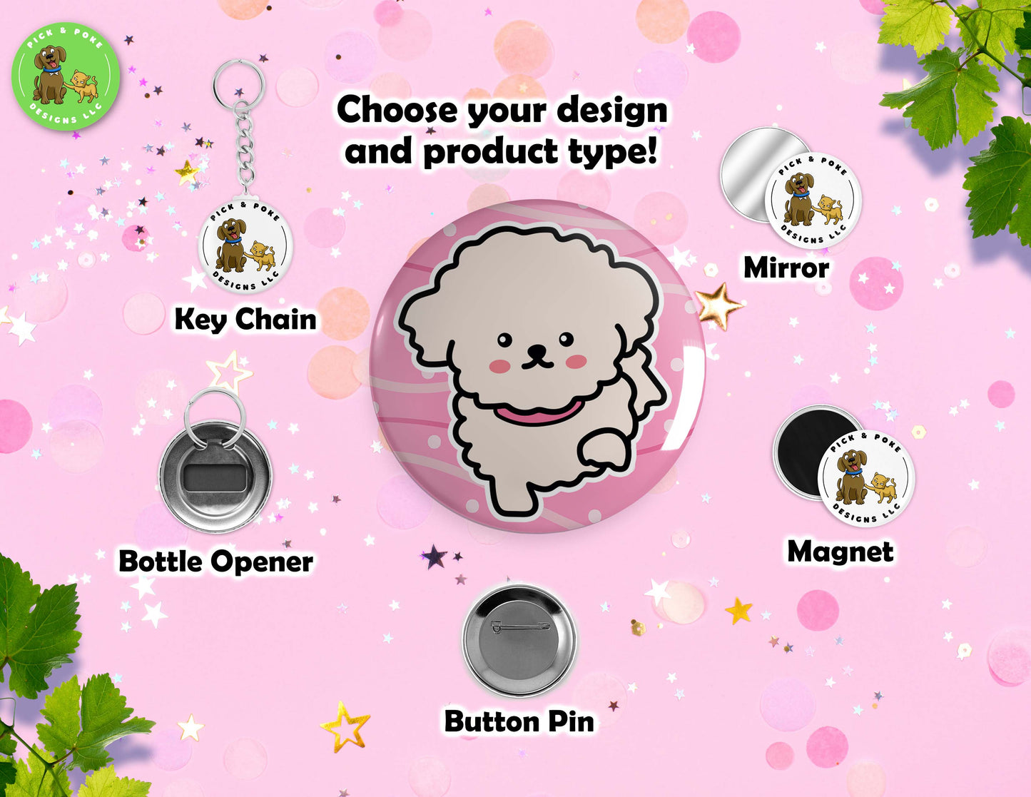 Cute Poodle Dog Doodle Art | Button Pin, Keychain, Magnet, Bottle Opener, or Mirror | 2.25-inch Size