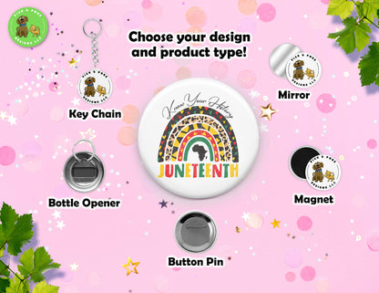 Juneteenth 1865 Freedom Button Pins and Keychain Accessories