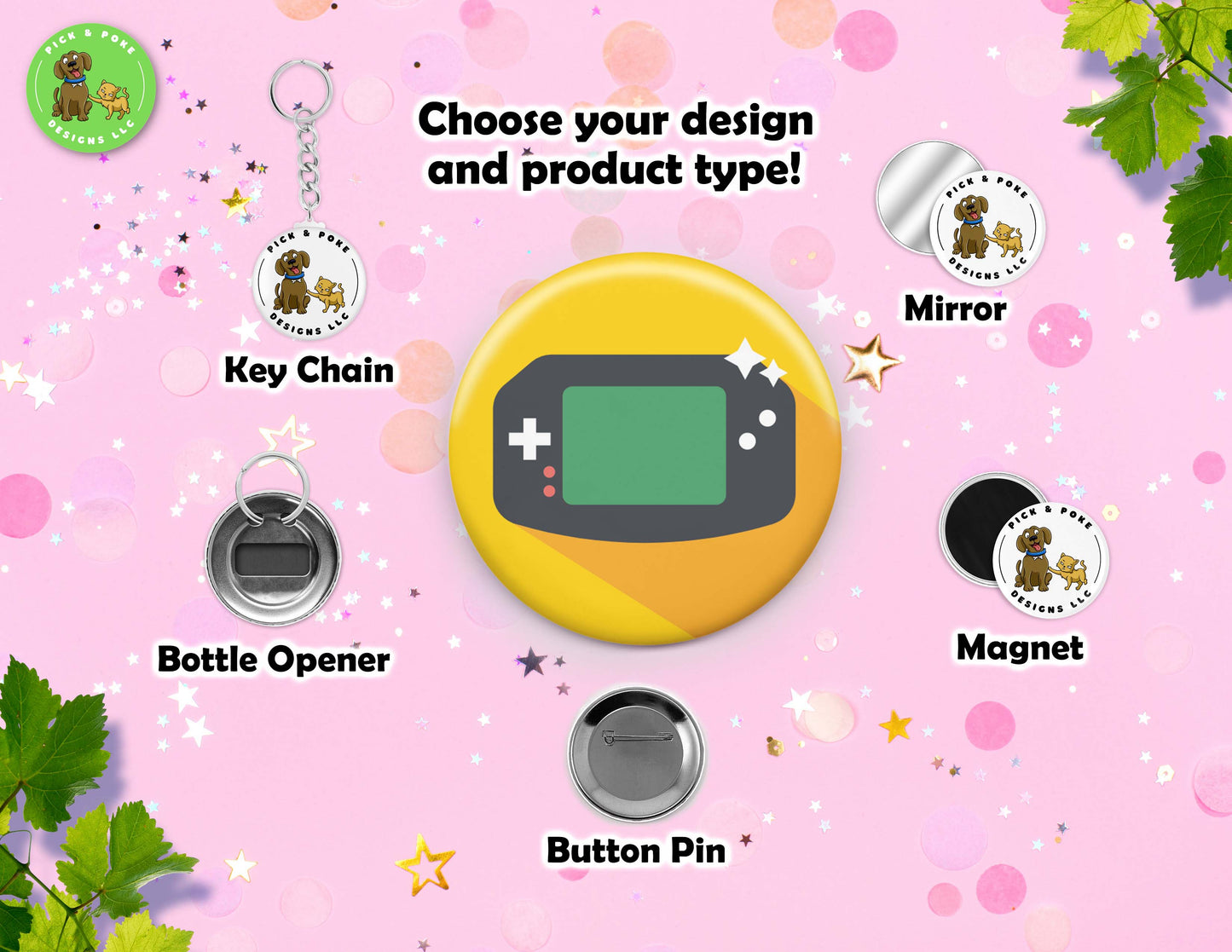 Cartoon Video Game Button Pins | 2.25-inch Round Size | Metal Pin Back Design | Made to Order