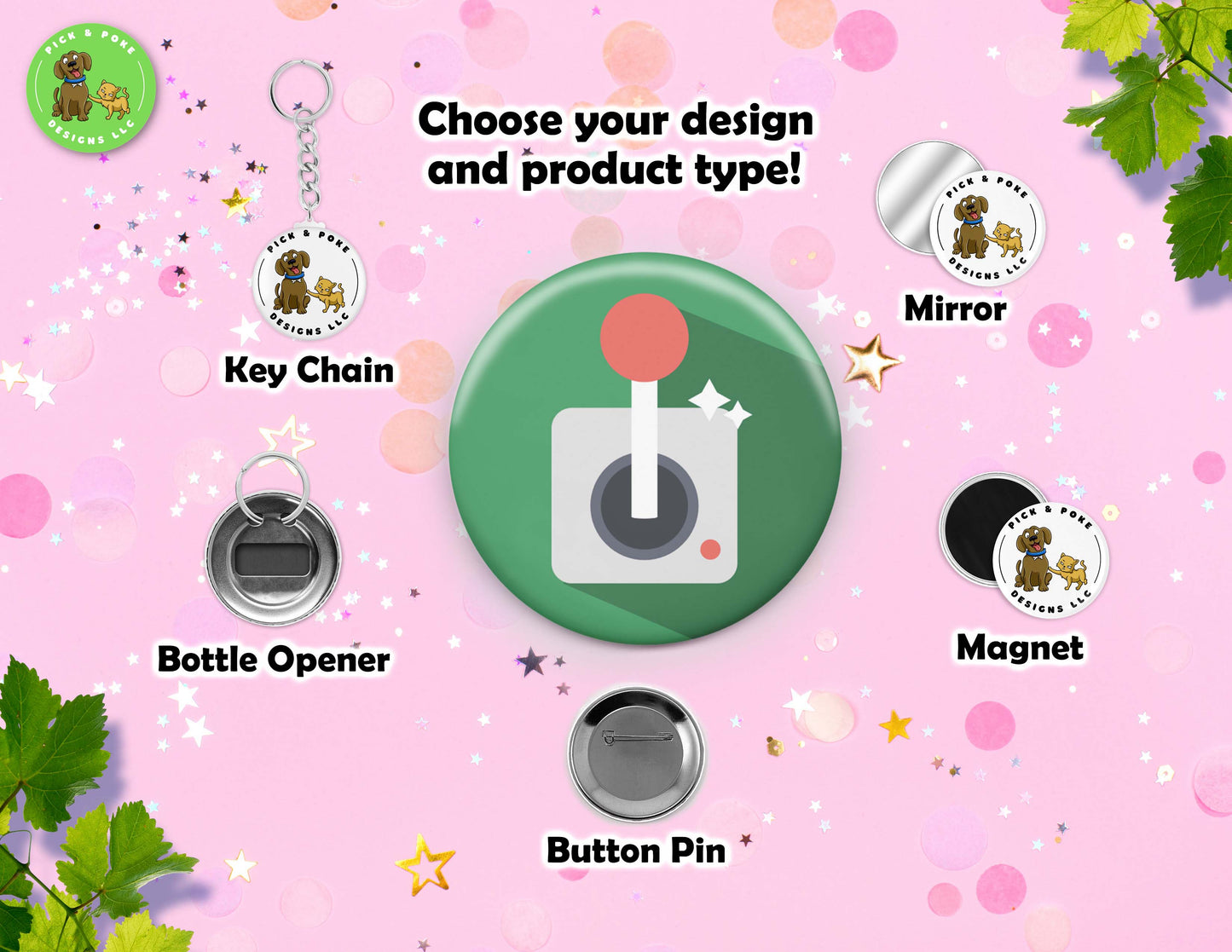 Cartoon Video Game Button Pins | 2.25-inch Round Size | Metal Pin Back Design | Made to Order