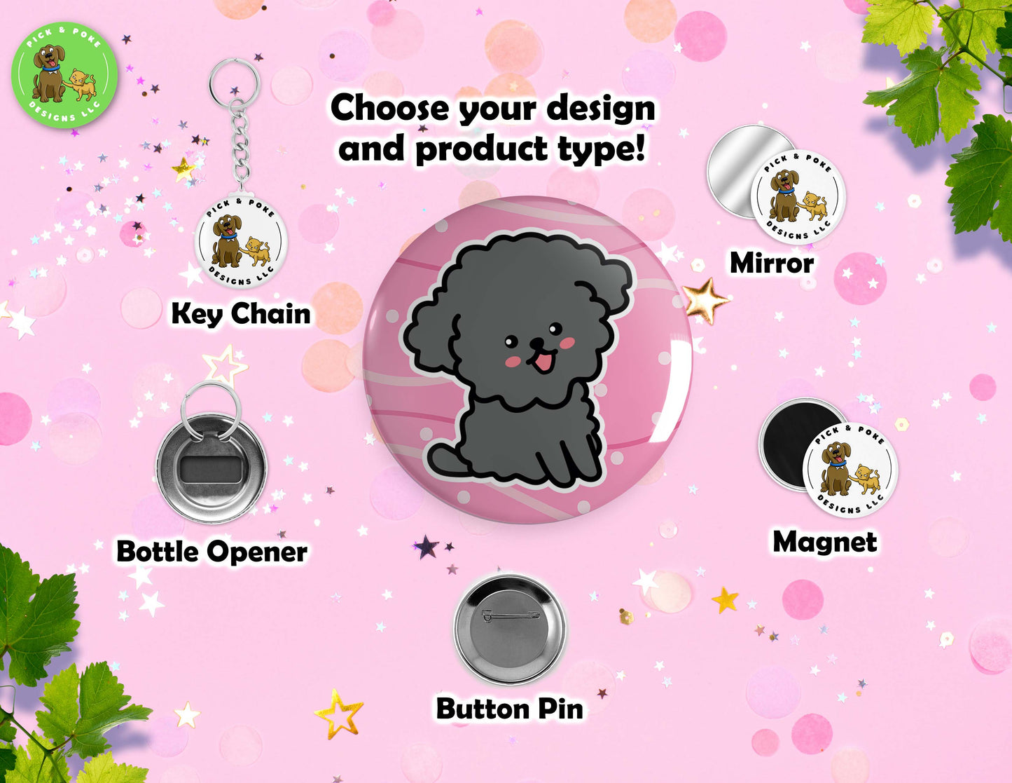 Cute Poodle Dog Doodle Art | Button Pin, Keychain, Magnet, Bottle Opener, or Mirror | 2.25-inch Size