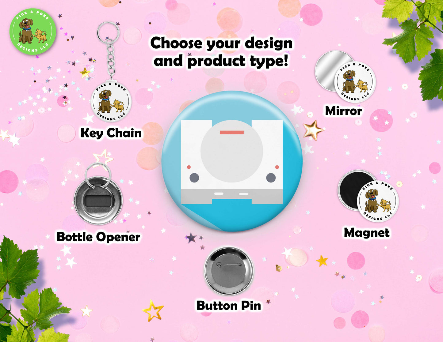 Cartoon Video Game Button Pins | 2.25-inch Round Size | Metal Pin Back Design | Made to Order