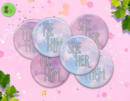 Galaxy Sky My Pronouns | Pin-Back Button, Key Chain, Magnet, Bottle Opener, or Mirror Option | 2.25-inch Round Size | Made to Order