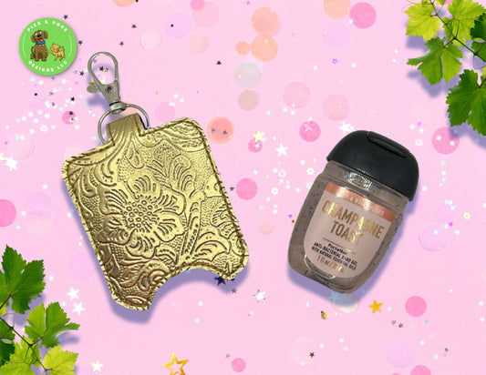 Metallic Faux Tooled Leather Hand Sanitizer Holder Key Chain | Embroidered on Vinyl | Made to Order