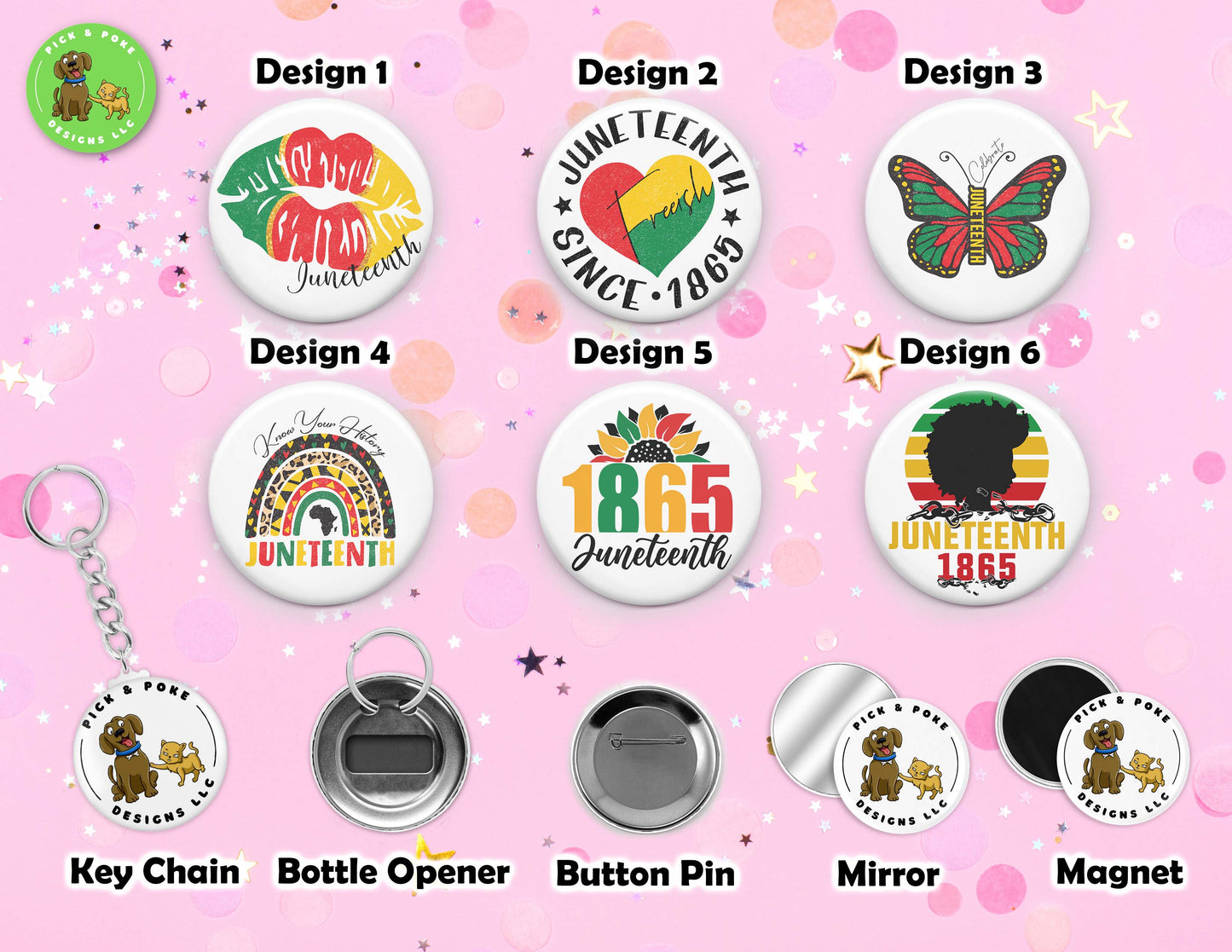 Juneteenth 1865 Freedom Button Pins and Keychain Accessories