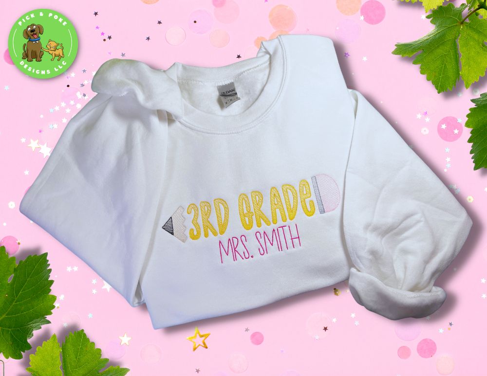 Embroidered Pencil Teacher White Crewneck Sweatshirt Personalized with Your Name or School Name