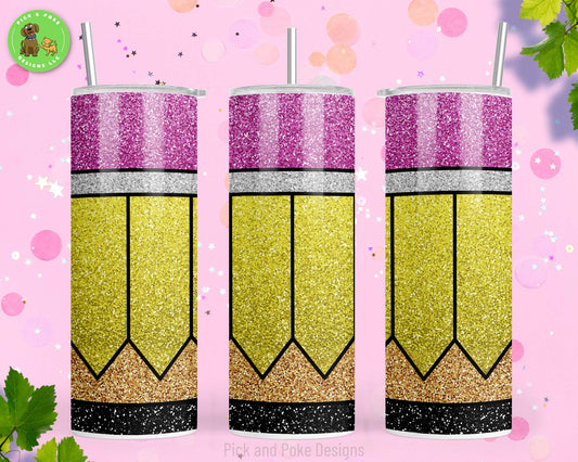 Teacher tumbler printed with pencil design that looks like glitter