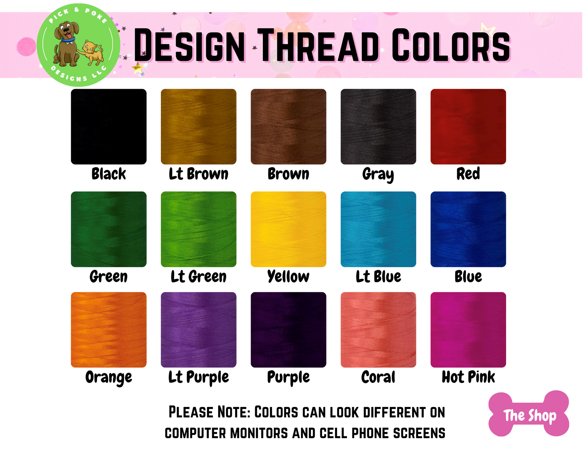 Thread color options for the embroidered design include black, light brown, brown, gray, red, green, light green, yellow, light blue, blue, orange, light purple, purple, coral, and hot pink. 