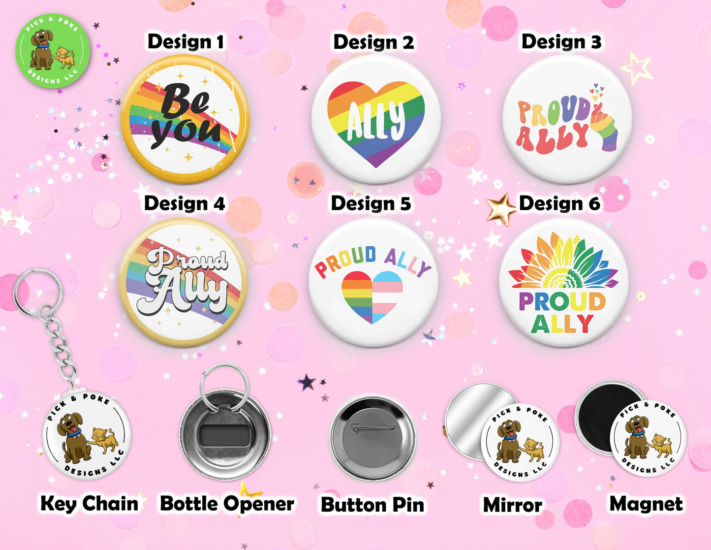 LGBTQIA2S+ Ally and Pride Button Pins | 2.25-inch Round Size | Metal Pin Back Design | Made to Order