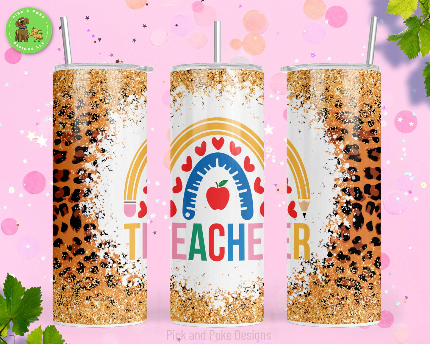 20oz stainless steel tumbler with a teacher design featuring a glitter cheetah background and school supplies rainbow.