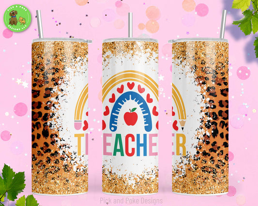 20oz stainless steel tumbler with a teacher design featuring a glitter cheetah background and school supplies rainbow.