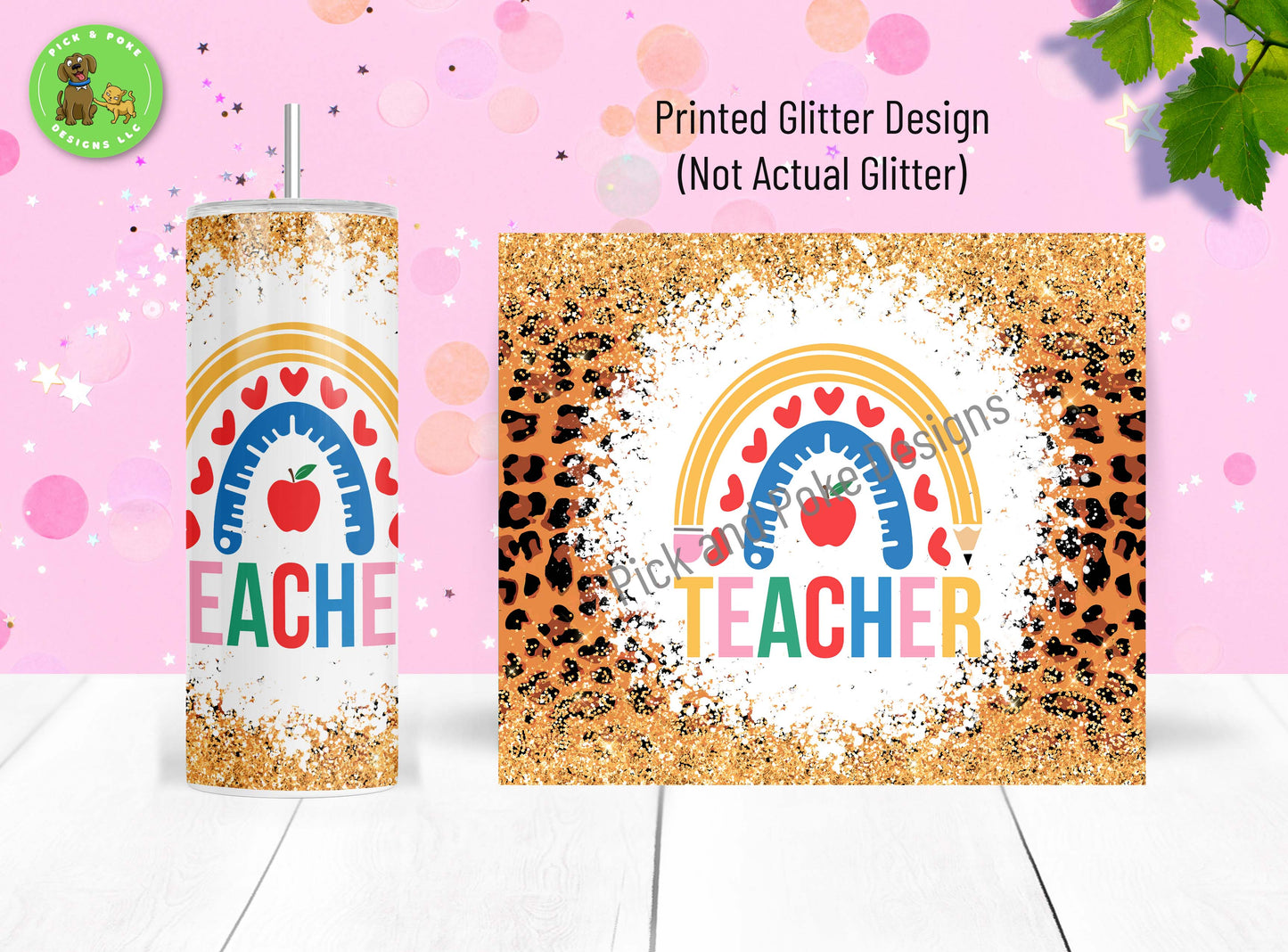 Glitter Cheetah Rainbow tumbler has a sublimated design printed on the tumbler and comes with a reusable straw and plastic lid. 