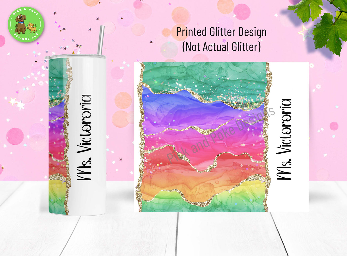 Personalized Rainbow Teacher Tumbler | Printed Glitter Design | 20oz Stainless Steel Cup