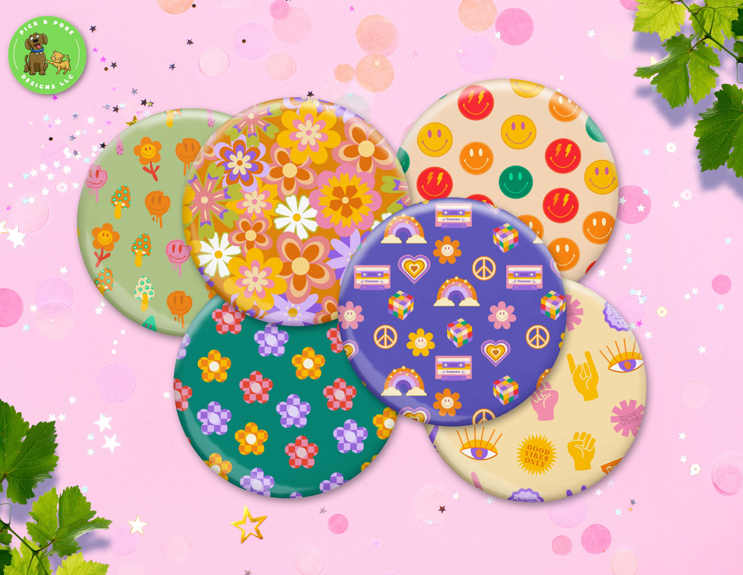 Fun Retro Hippie Inspired Patterns | Pinback Button, Key Chain, Magnet, Bottle Opener, or Mirror | 2.25-inch Size | Made to Order