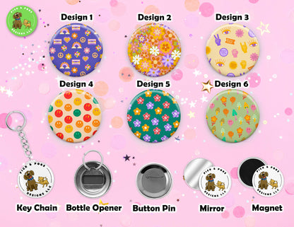 Fun Retro Hippie Inspired Patterns | Pinback Button, Key Chain, Magnet, Bottle Opener, or Mirror | 2.25-inch Size | Made to Order