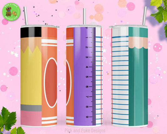 20oz stainless steel tumbler with a teacher design featuring a pencil, crayon, ruler, and paper design.