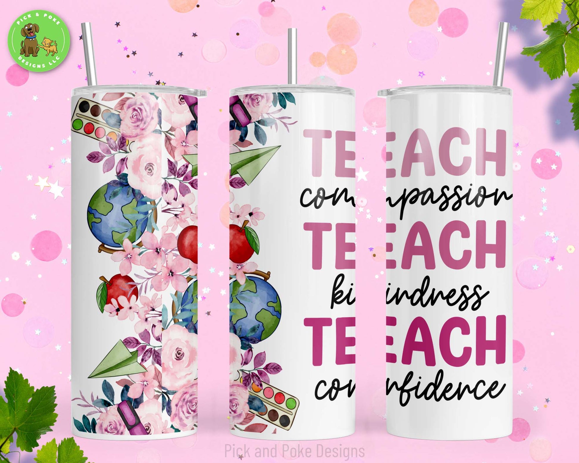 20oz stainless steel teacher tumbler with flowers and school supplies