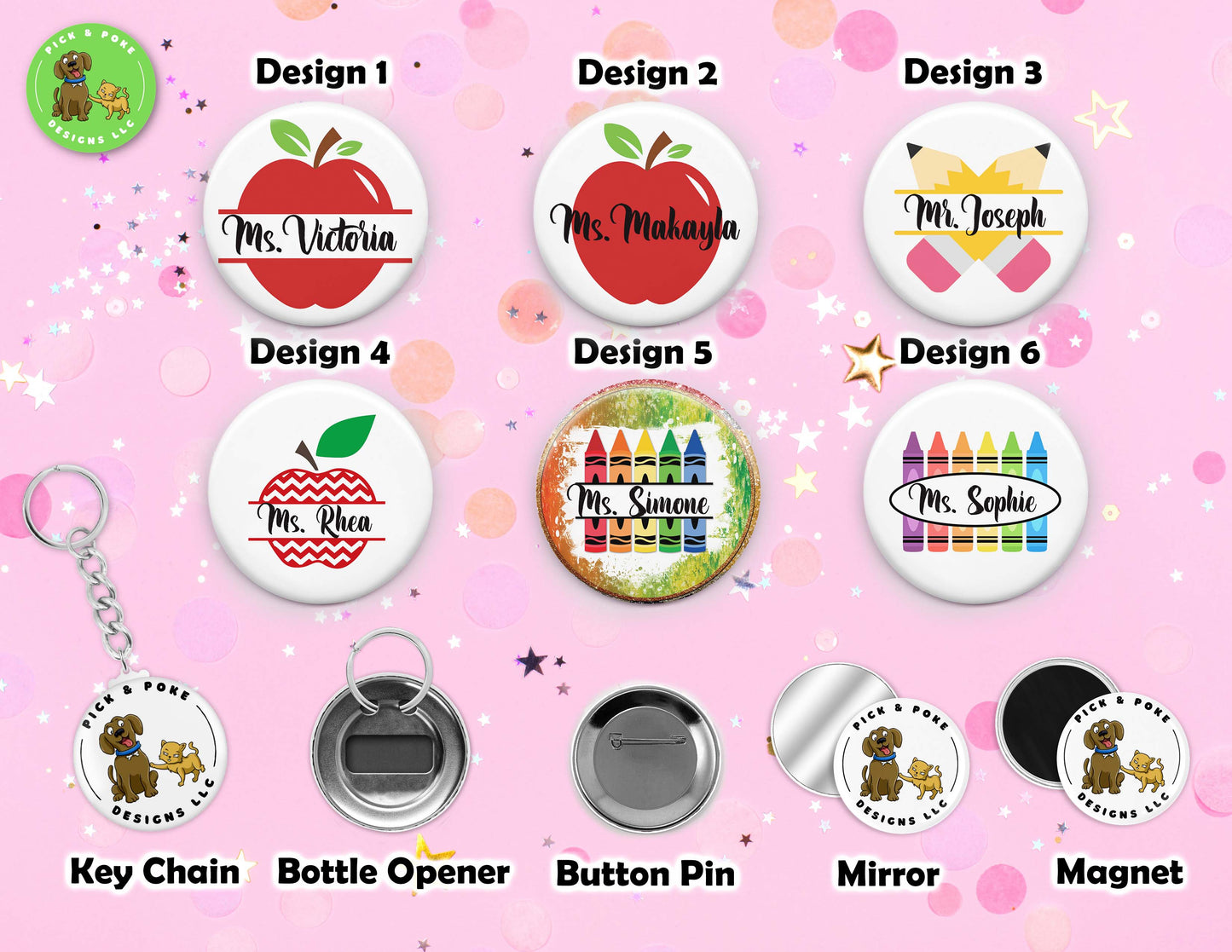 Personalized Teacher Name | Button Pin, Keychain, Magnet, Bottle Opener, or Mirror Option | 2.25-inch Size