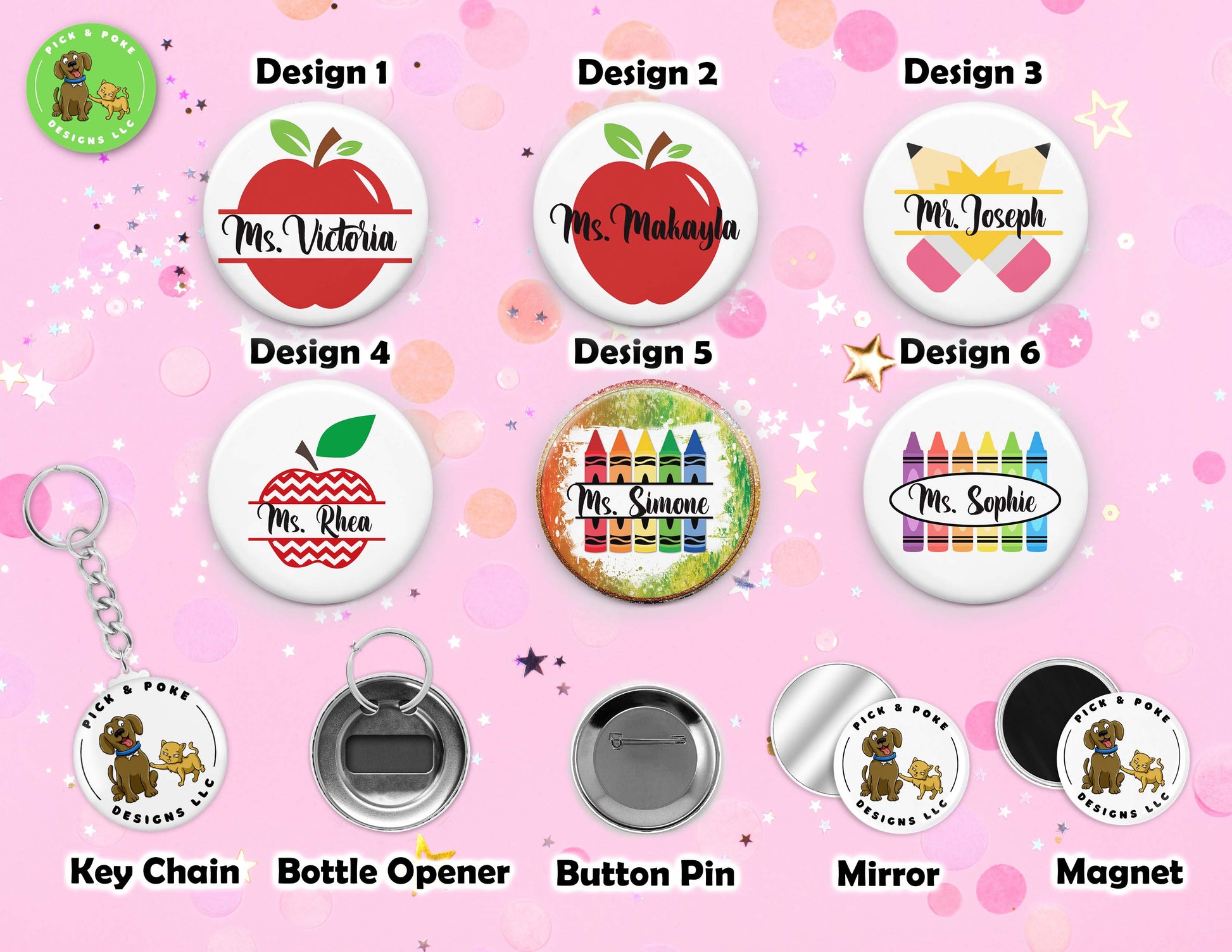 Personalized Teacher Name | Button Pin, Keychain, Magnet, Bottle Opener, or Mirror Option | 2.25-Inch Size Design 5 / Pinback Button Pin