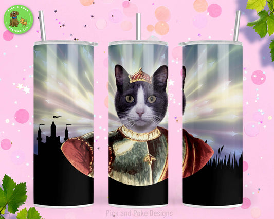 20 oz stainless steel tumbler with tuxedo cat dressed as a king 