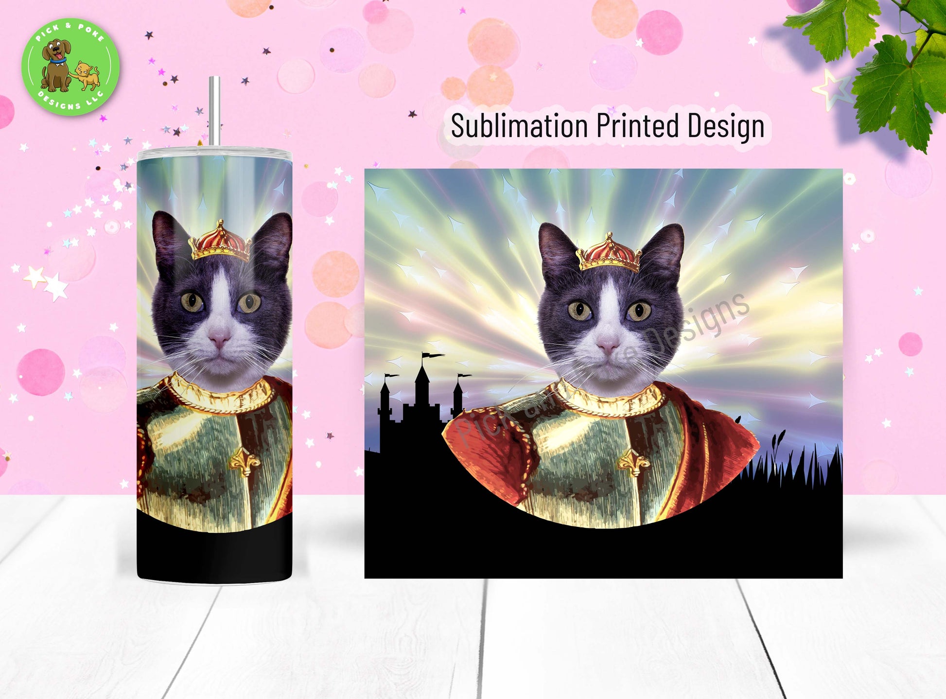 Tuxedo cat design is sublimated on a 20oz stainless steel tumbler