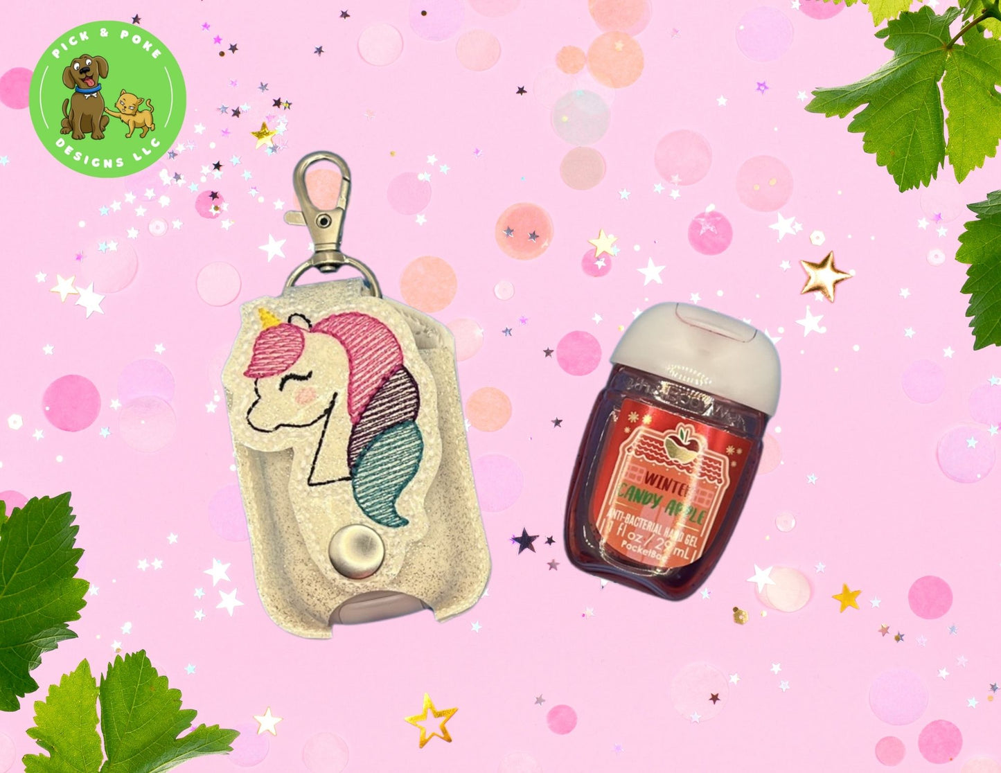 Glitter Unicorn Hand Sanitizer Holder Key Chain | Embroidered on Vinyl | Made to Order
