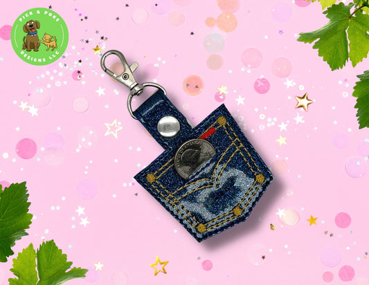 Jeans Pocket Quarter Holder Keychain with Clip / Embroidered on Glitter Vinyl / Custom Made