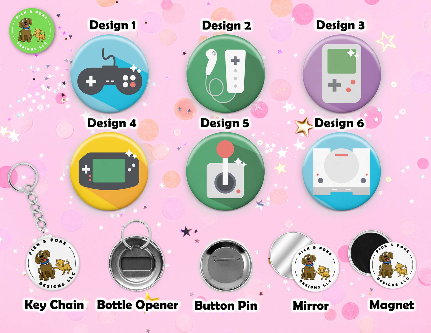 Cartoon Video Game Button Pins | 2.25-inch Round Size | Metal Pin Back Design | Made to Order