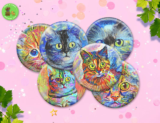 Colorful Painted Cats | Button Pin, Keychain, Magnet, Bottle Opener, or Mirror | 2.25-inch Size