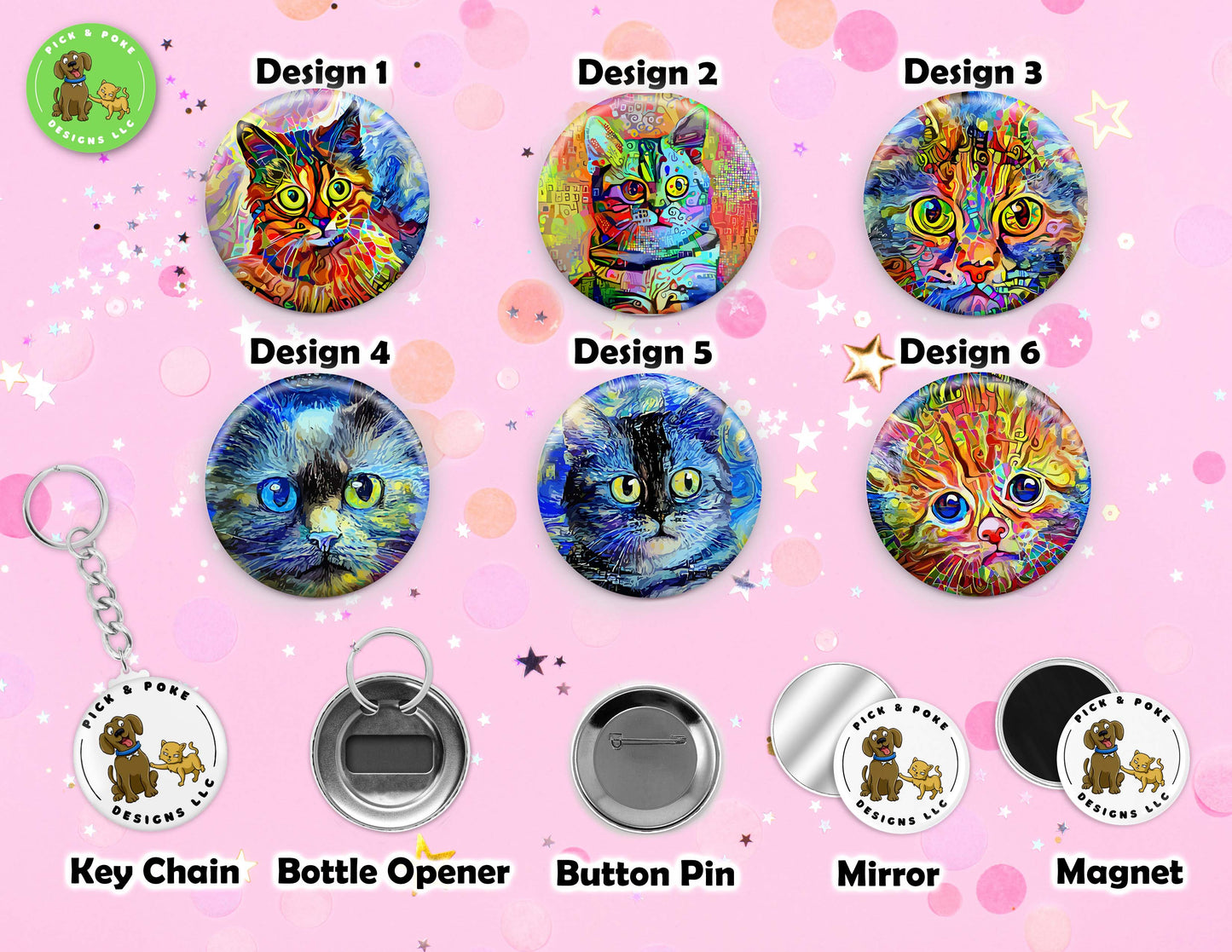 Colorful Painted Cats | Button Pin, Keychain, Magnet, Bottle Opener, or Mirror | 2.25-inch Size