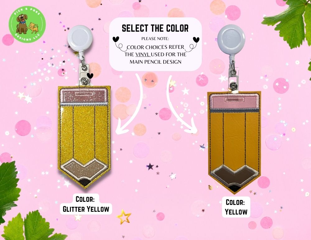 Pencil ID Card Badge Holder with Reel or Clip | Glitter or Solid Vinyl | Vertical Protector Case (Custom Made)