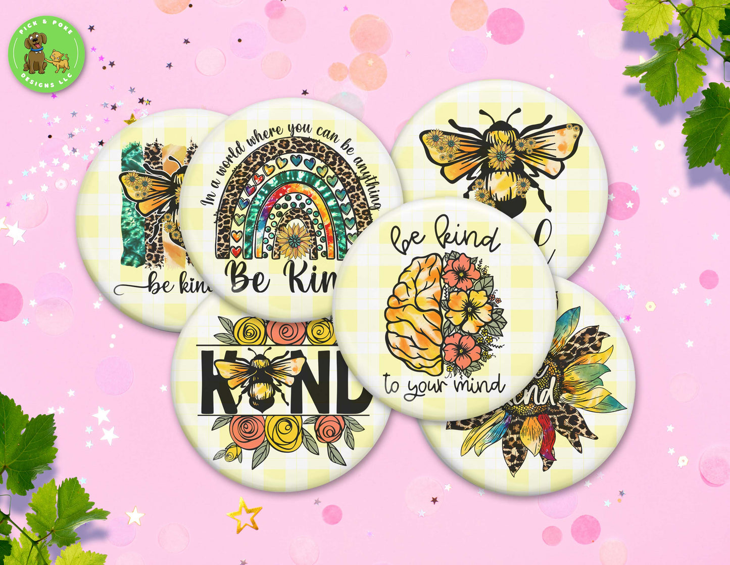 Bee Kind Mental Wellness | Pin-Back Button, Key Chain, Magnet, Bottle Opener, or Mirror Option | 2.25-inch Round Size | Made to Order