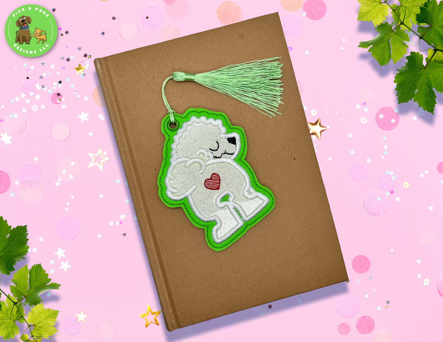 Bichon Frise Dog Butt Bookmark with Tassel | Glitter Dog Design | Embroidered
