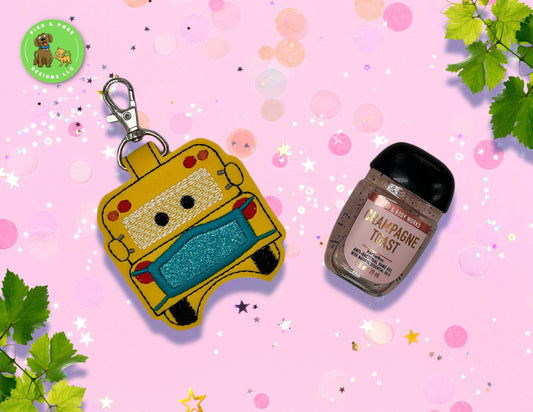 School Bus Wearing Mask Sanitizer Holder Key Chain | Embroidered on Vinyl | Made to Order