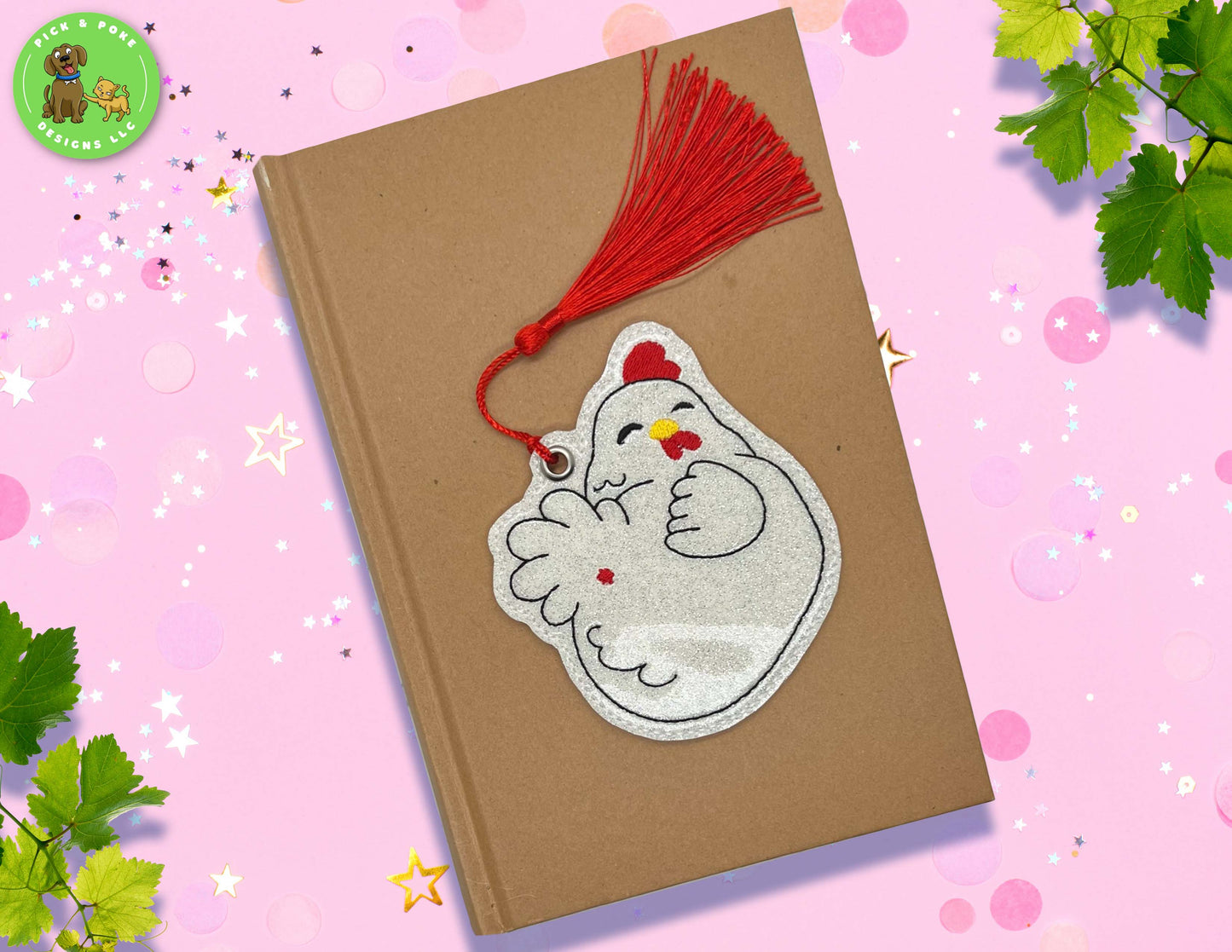 Funny Chicken Bookmark with Tassel | Glitter Hen Design | Embroidered | Made to Order