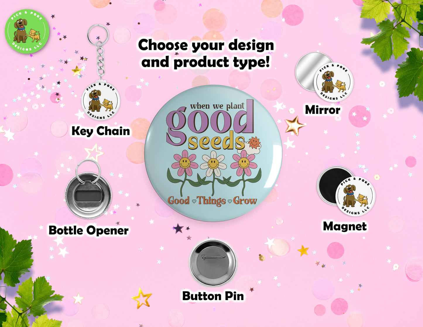 Retro Positive Thoughts Button Pin Set | Pinback Button, Keychain, Magnet, Bottle Opener, or Mirror | 2.25-inch SizePick and Poke Designs