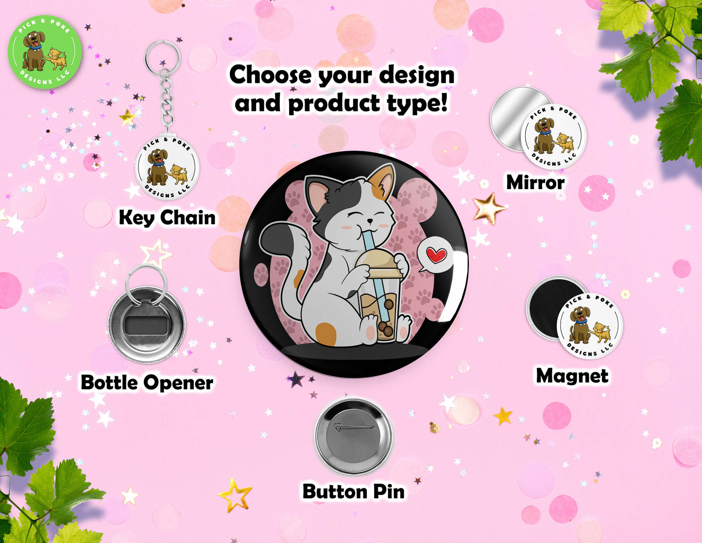 Cats Drinking Boba Tea | Button Pin, Key Chain, Magnet, Bottle Opener, or Mirror | 2.25-inch SizePick and Poke Designs