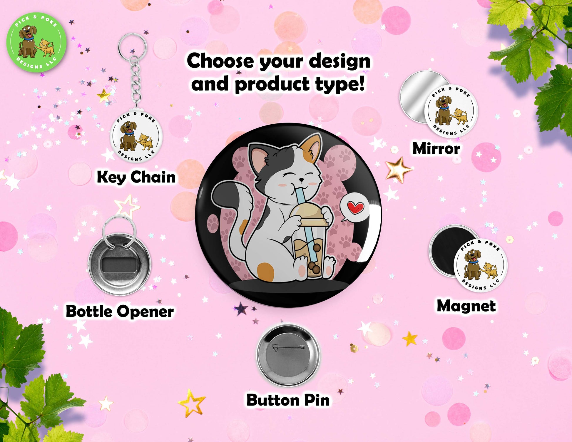 Cats Drinking Boba Tea | Button Pin, Key Chain, Magnet, Bottle Opener, or Mirror | 2.25-inch SizePick and Poke Designs
