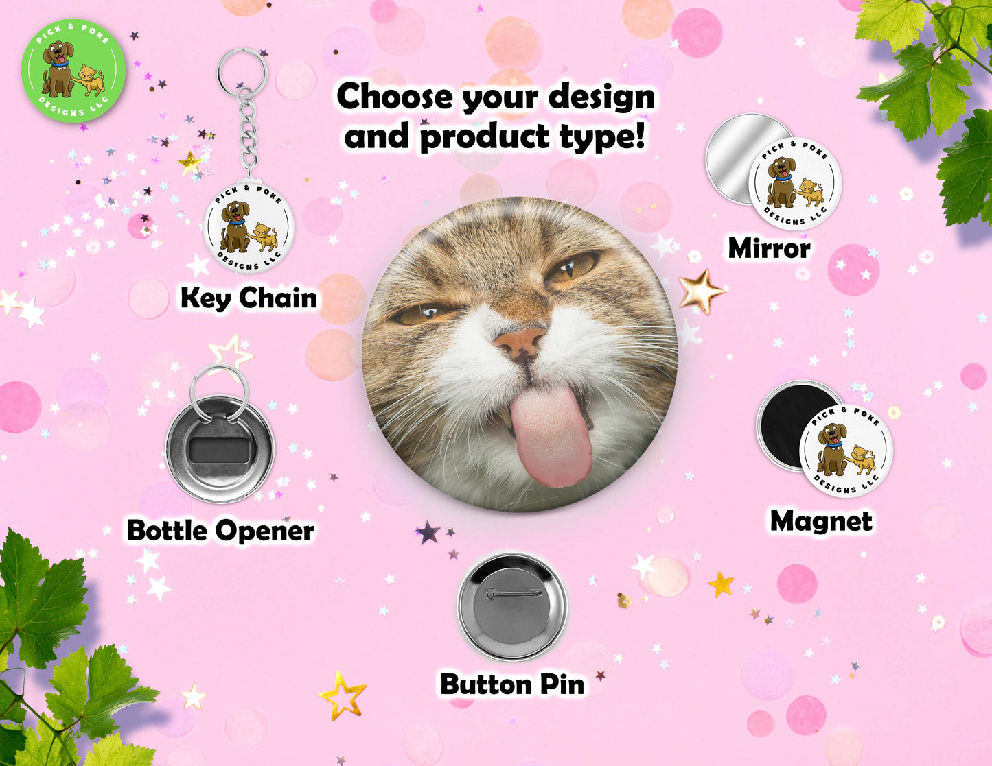 Funny Cat Face Button Pins | Pinback Button, Key Chain, Magnet, Bottle Opener, or Mirror | 2.25-inch Size | Made to Order