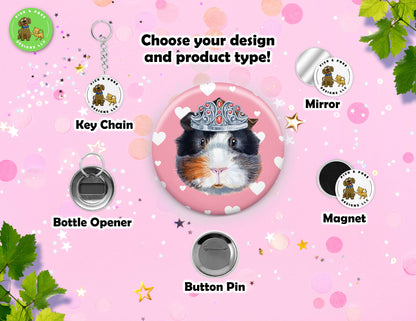 Guinea Pig Wearing Crown Button | 2.25-inch Round Size | Metal Pin Back Design | Made to Order
