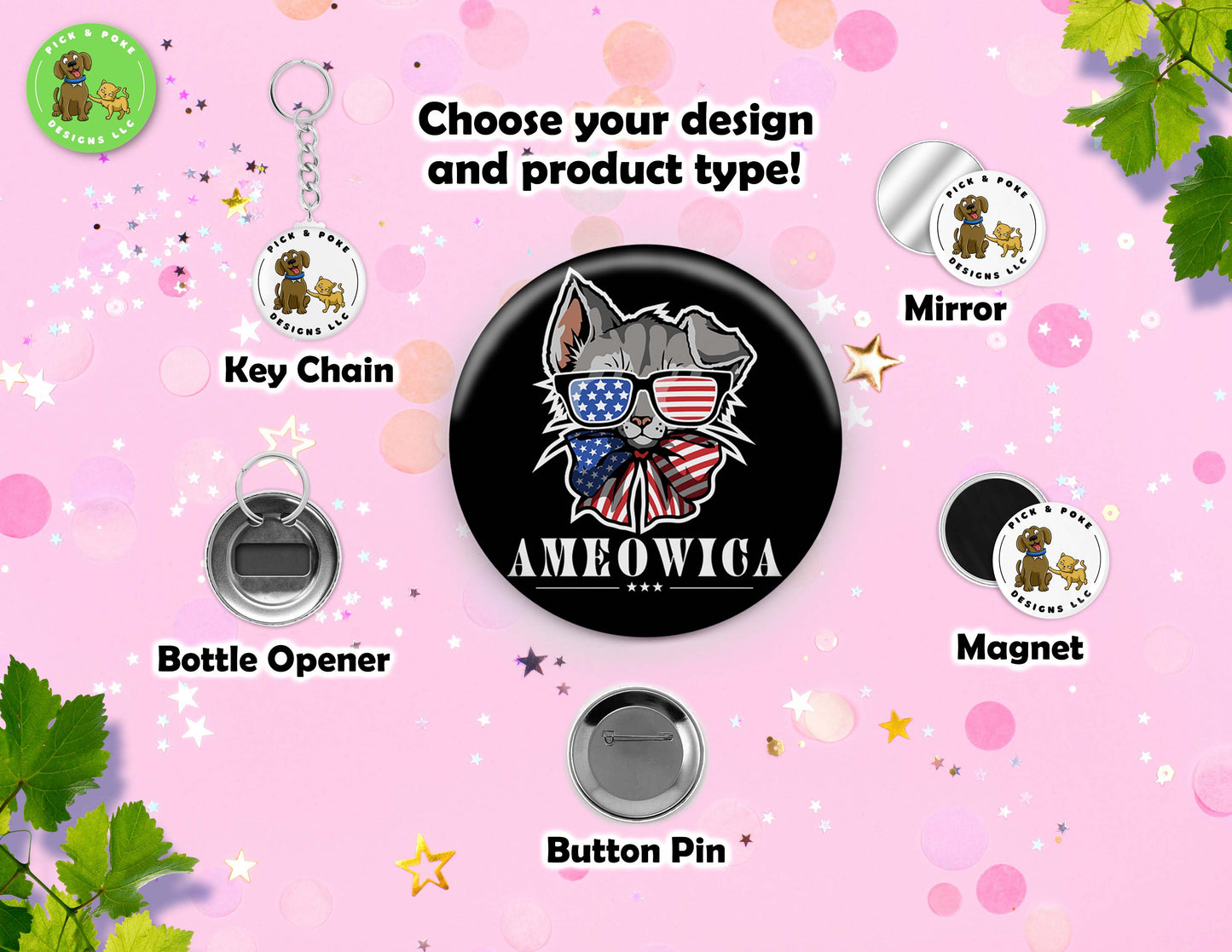 Patriotic USA Cat Designs | Pinback Button, Key Chain, Magnet, Bottle Opener, or Mirror | 2.25-inch Size | Made to Order