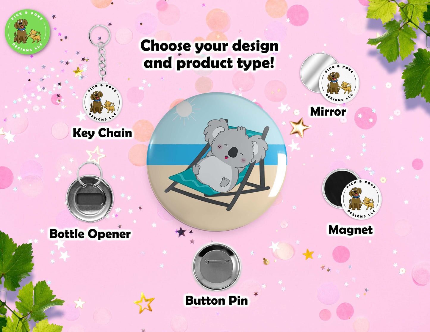 Cute Summer Koala Bear | Button Pin, Keychain, Magnet, Bottle Opener, or Mirror | 2.25-inch Size