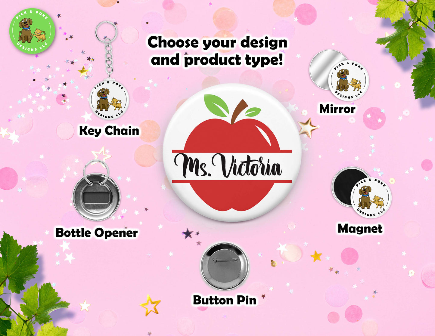 Personalized Teacher Name | Button Pin, Keychain, Magnet, Bottle Opener, or Mirror Option | 2.25-inch Size
