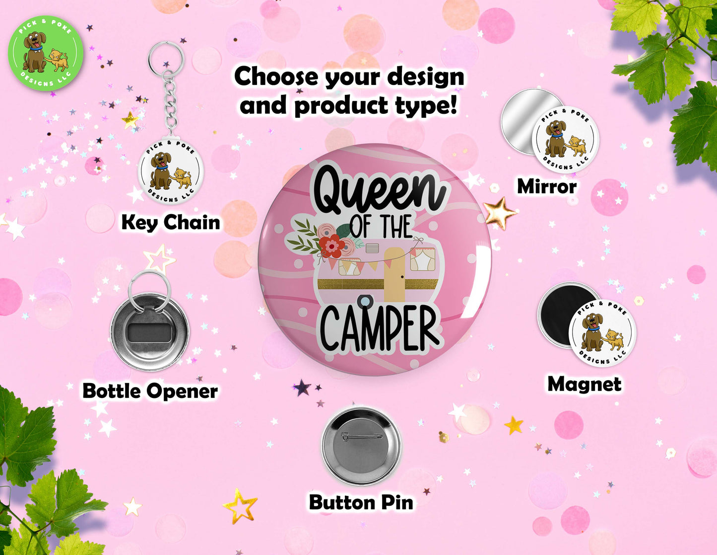 Pink Camper RV Home is Where You Park It | Pinback Button, Keychain, Magnet, Bottle Opener, or Mirror | 2.25-inch SizePick and Poke Designs