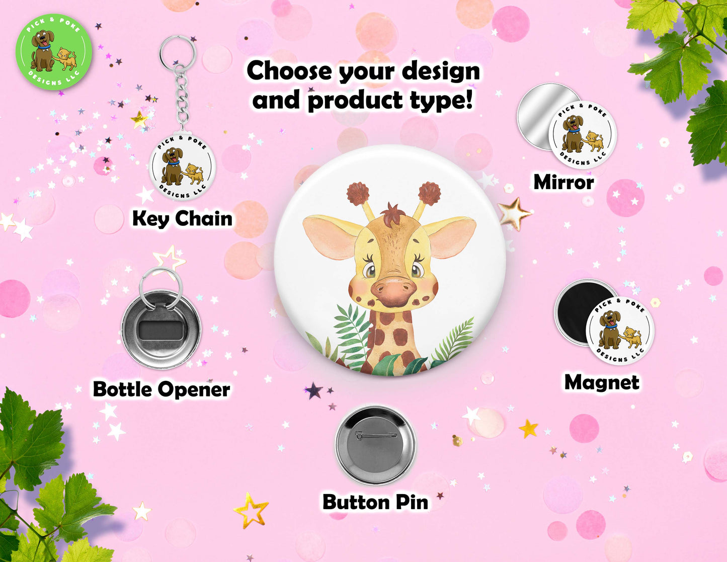 Cute Safari Baby Animals Watercolor Style Buttons | 2.25-inch Round Size | Metal Pin Back Design | Made to Order