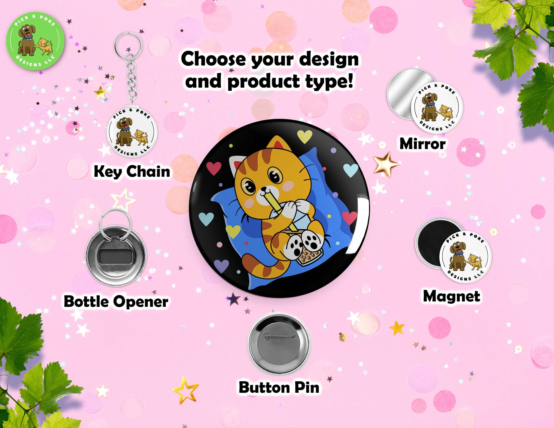 Cats Drinking Boba Tea | Button Pin, Key Chain, Magnet, Bottle Opener, or Mirror | 2.25-inch SizePick and Poke Designs
