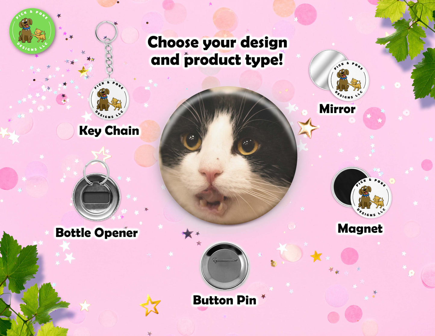 Funny Cat Face Button Pins | Pinback Button, Key Chain, Magnet, Bottle Opener, or Mirror | 2.25-inch Size | Made to Order