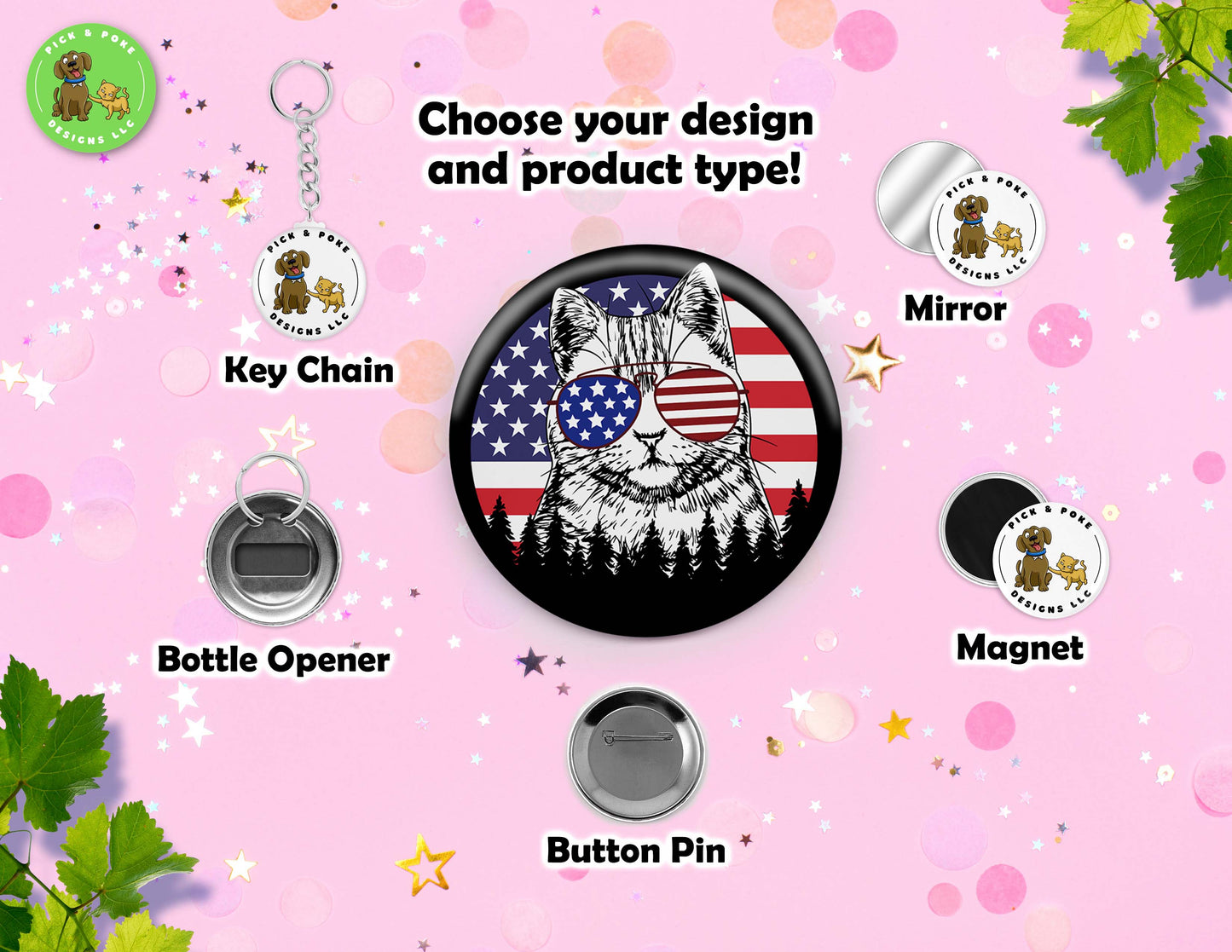 Patriotic USA Cat Designs | Pinback Button, Key Chain, Magnet, Bottle Opener, or Mirror | 2.25-inch Size | Made to Order