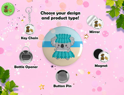 Cute Summer Koala Bear | Button Pin, Keychain, Magnet, Bottle Opener, or Mirror | 2.25-inch Size