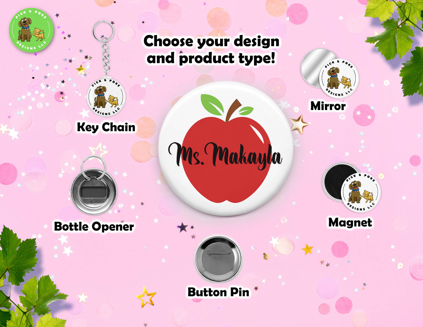 Personalized Teacher Name | Button Pin, Keychain, Magnet, Bottle Opener, or Mirror Option | 2.25-inch Size